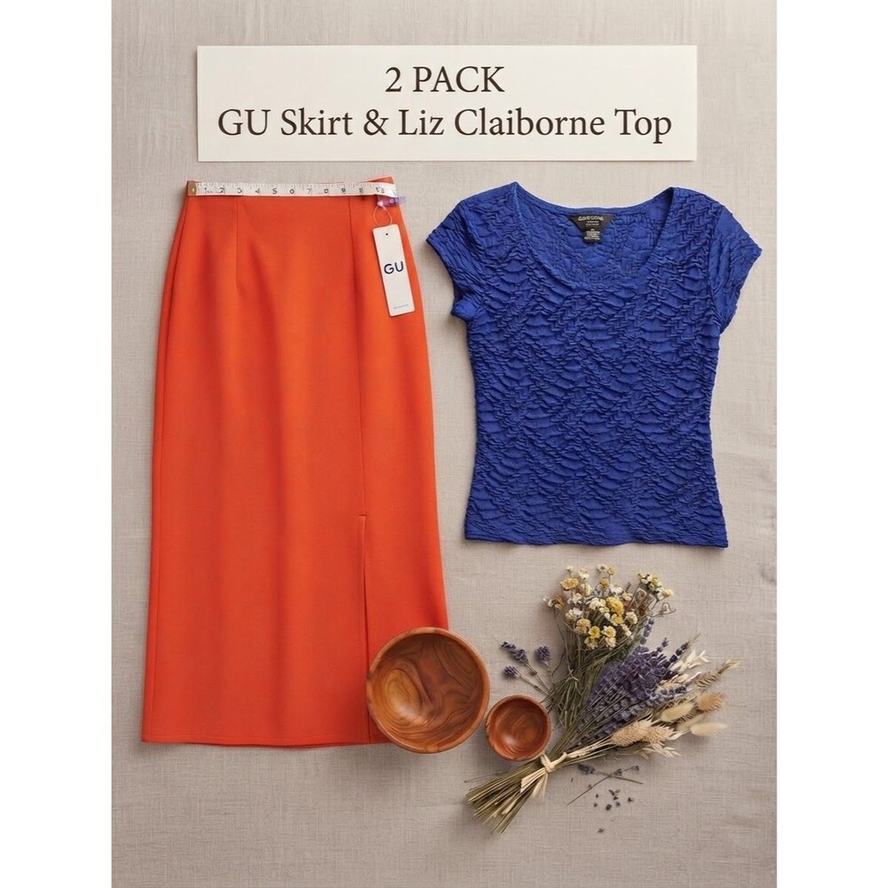 2 PACK BUNDLE LOT! Liz Claiborne Women’s PS Blue Knit Scoop Top & GU Skirt NWT